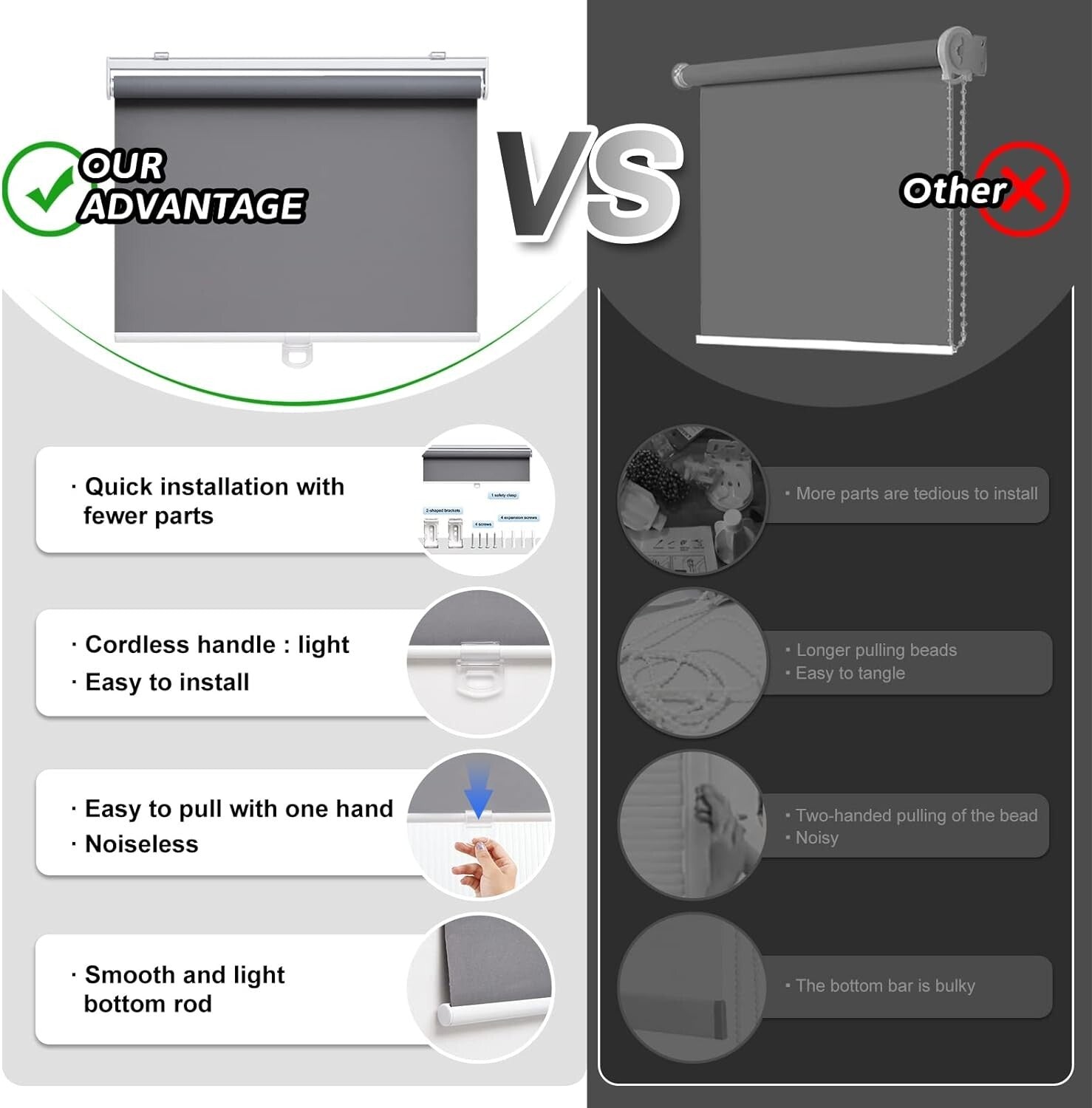 Grey Blackout Roller Blinds 35" W x 72" H - UV Protection & Thermal Insulation