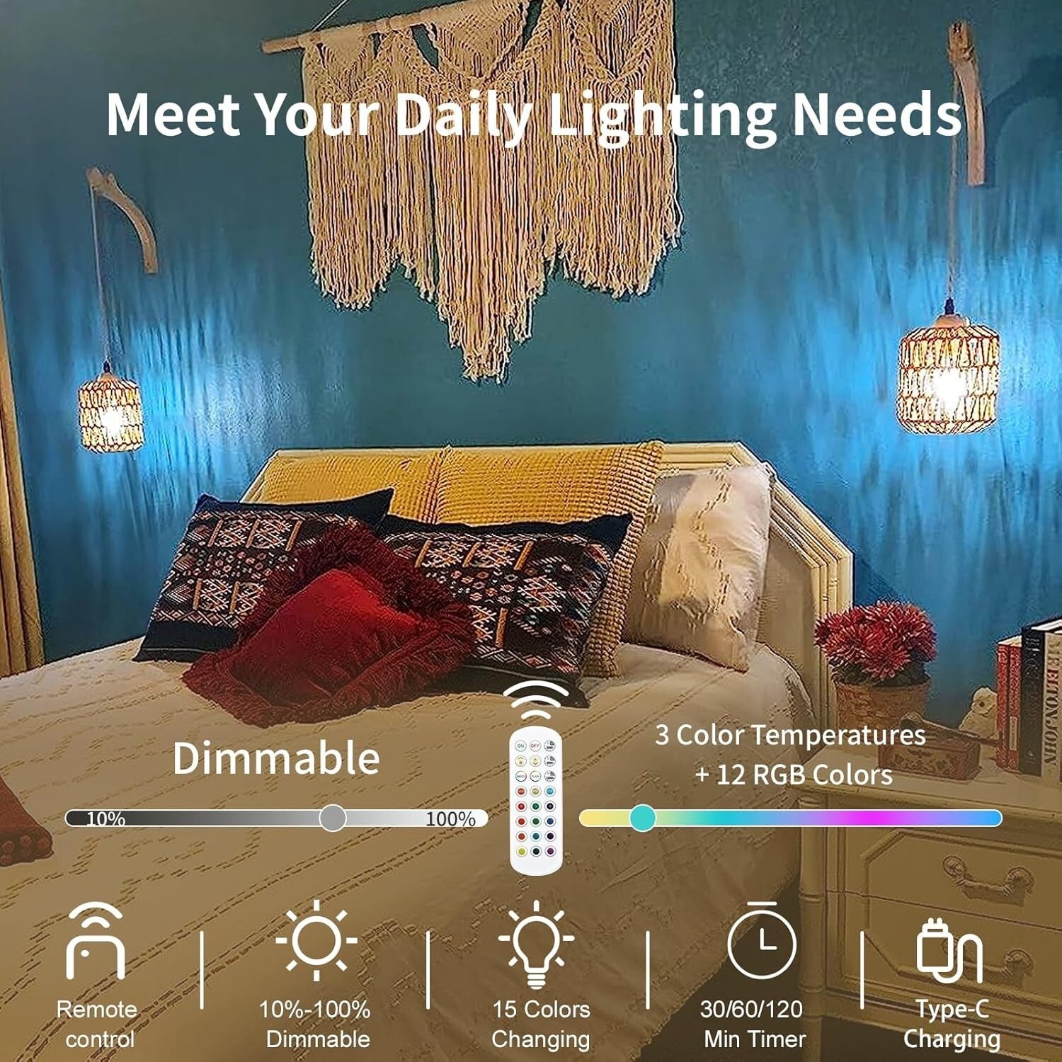 Frideko Boho Rechargeable Wall Sconces Set of 2 with Remote – RGB Dimmable Light