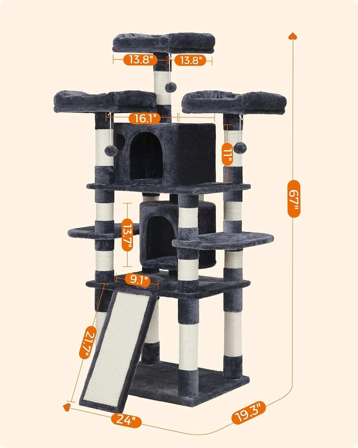 Multi-Level Cat Tree for All Breeds – Cozy 67 Inches of Smoky Gray Comfort