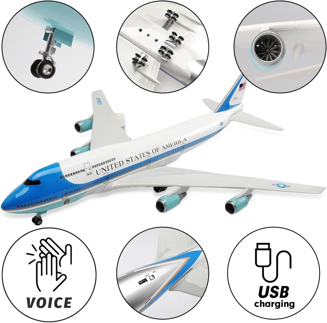 Elegant 18.5" Boeing 747 Diecast Airplane - Voice Control & Cabin Light Features
