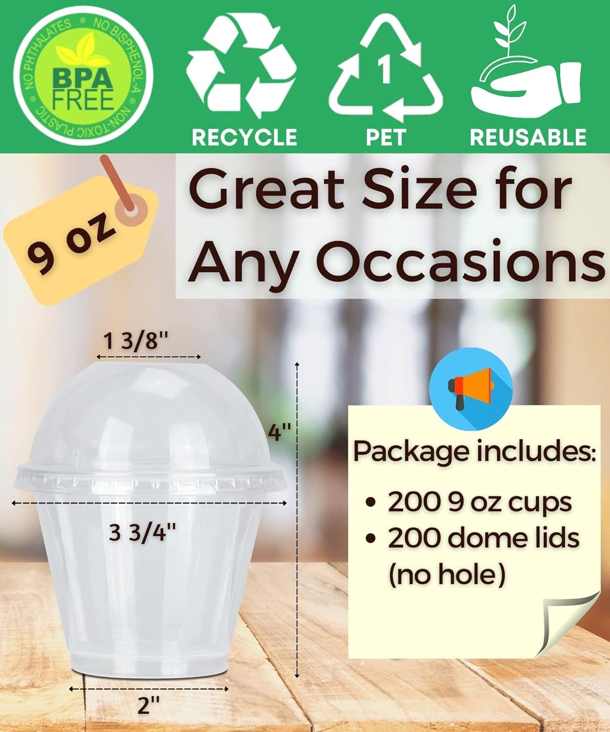 Sturdy 9 oz Clear Disposable Cups with Lids for Ice Cream & Desserts - 200 Count