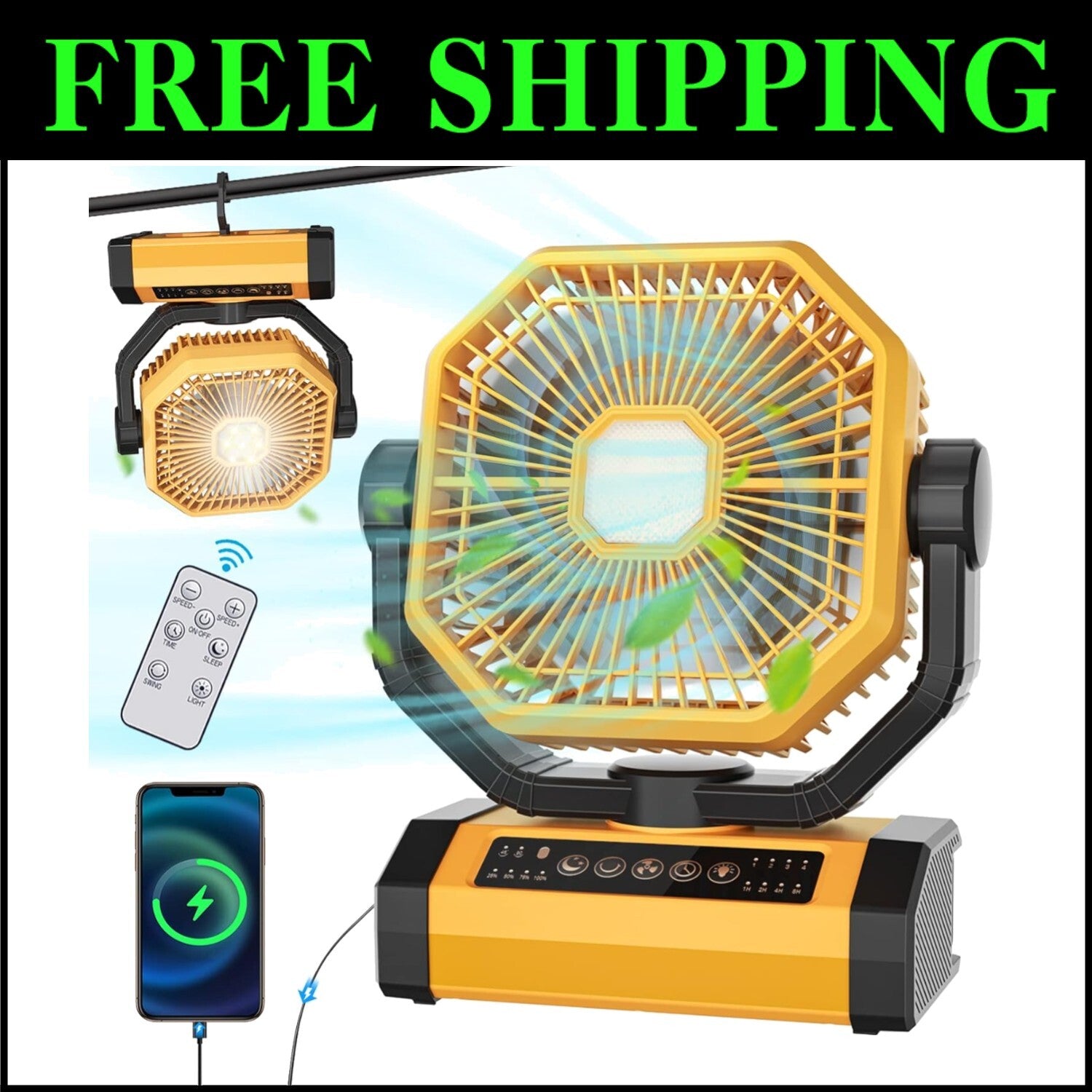 Stylish 20000mAh Camping Fan - Oscillating, Quiet, with Power Bank Function