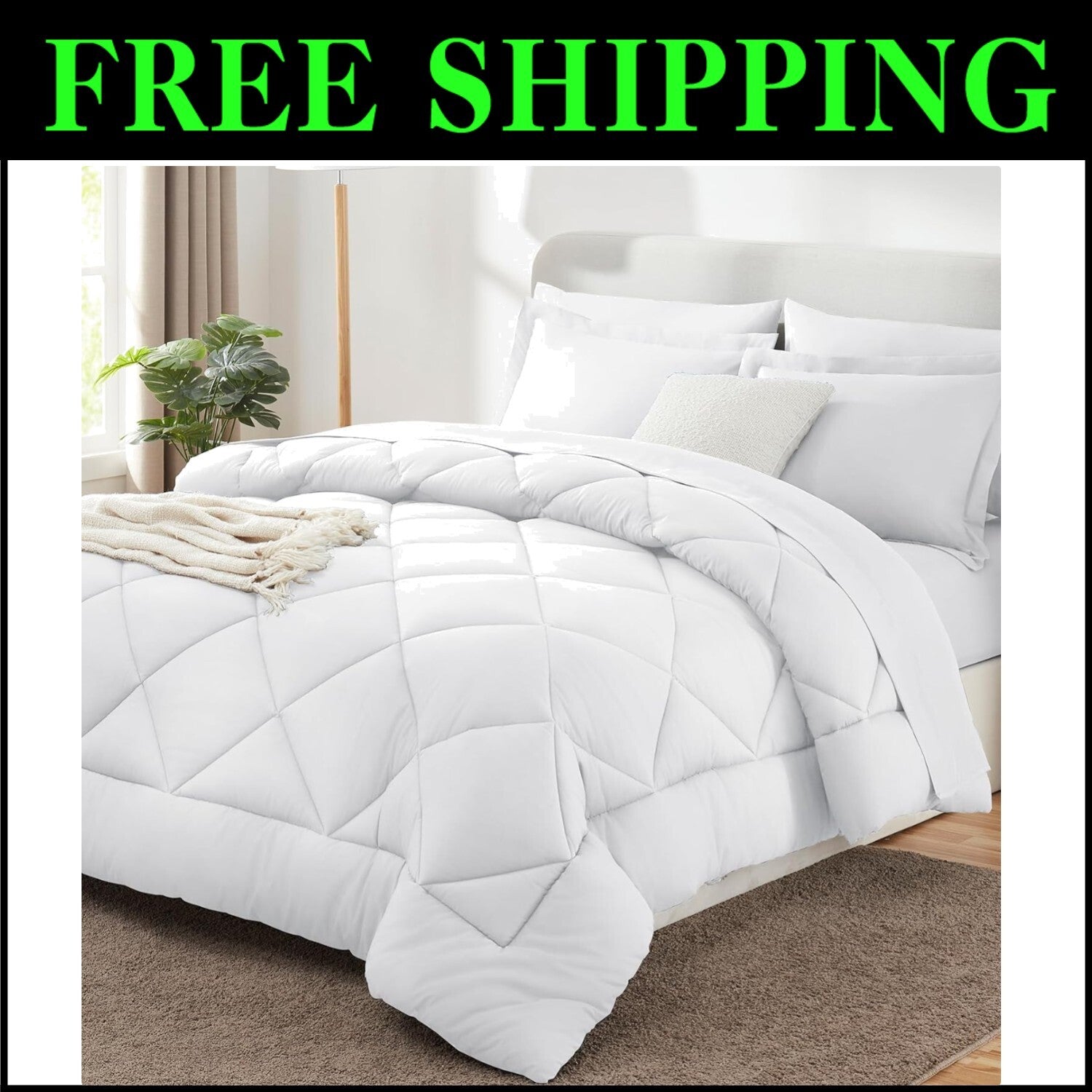 7-Piece King Size Comforter Set - Soft White Luxury Bedding for All Seasons