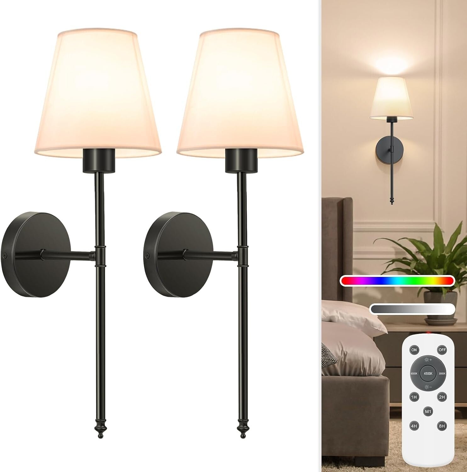 Customizable Battery-Powered Wall Sconces Set of 2 - 10 Colors + Timer Feature