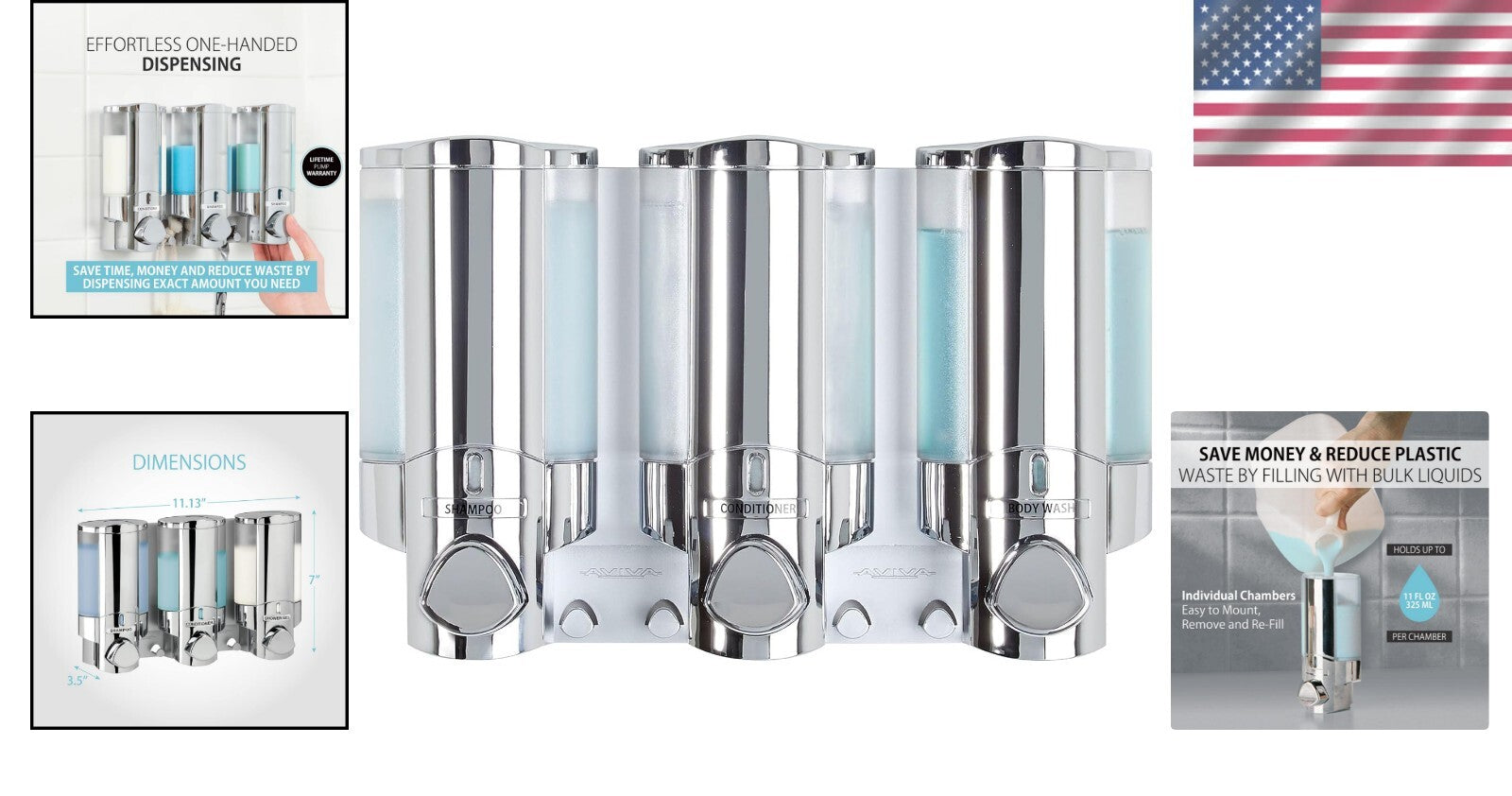 Chrome 3-Chamber Pump Dispenser for Soap, Shampoo & Conditioners - Quick Install