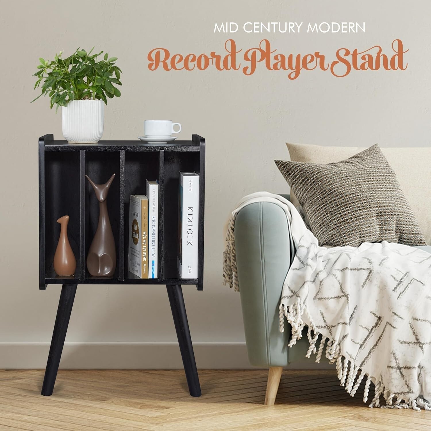 Elegant 2-Tier Wooden Record Player Stand with Anti-Slip Protection - 4 Cabinets