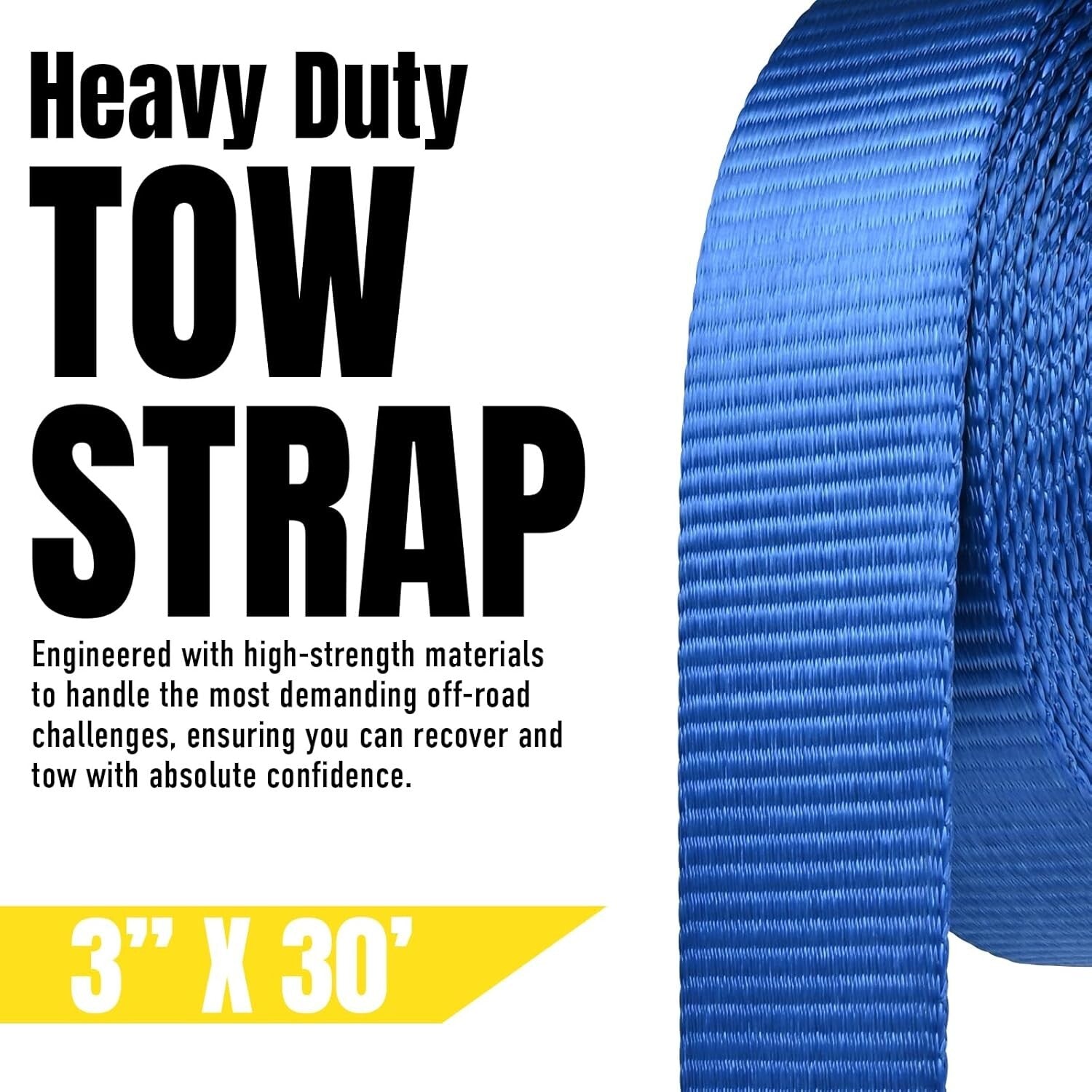 Heavy-Duty 3'' x 30 ft Recovery Tow Strap - 30,000 lb Capacity with Storage Bag