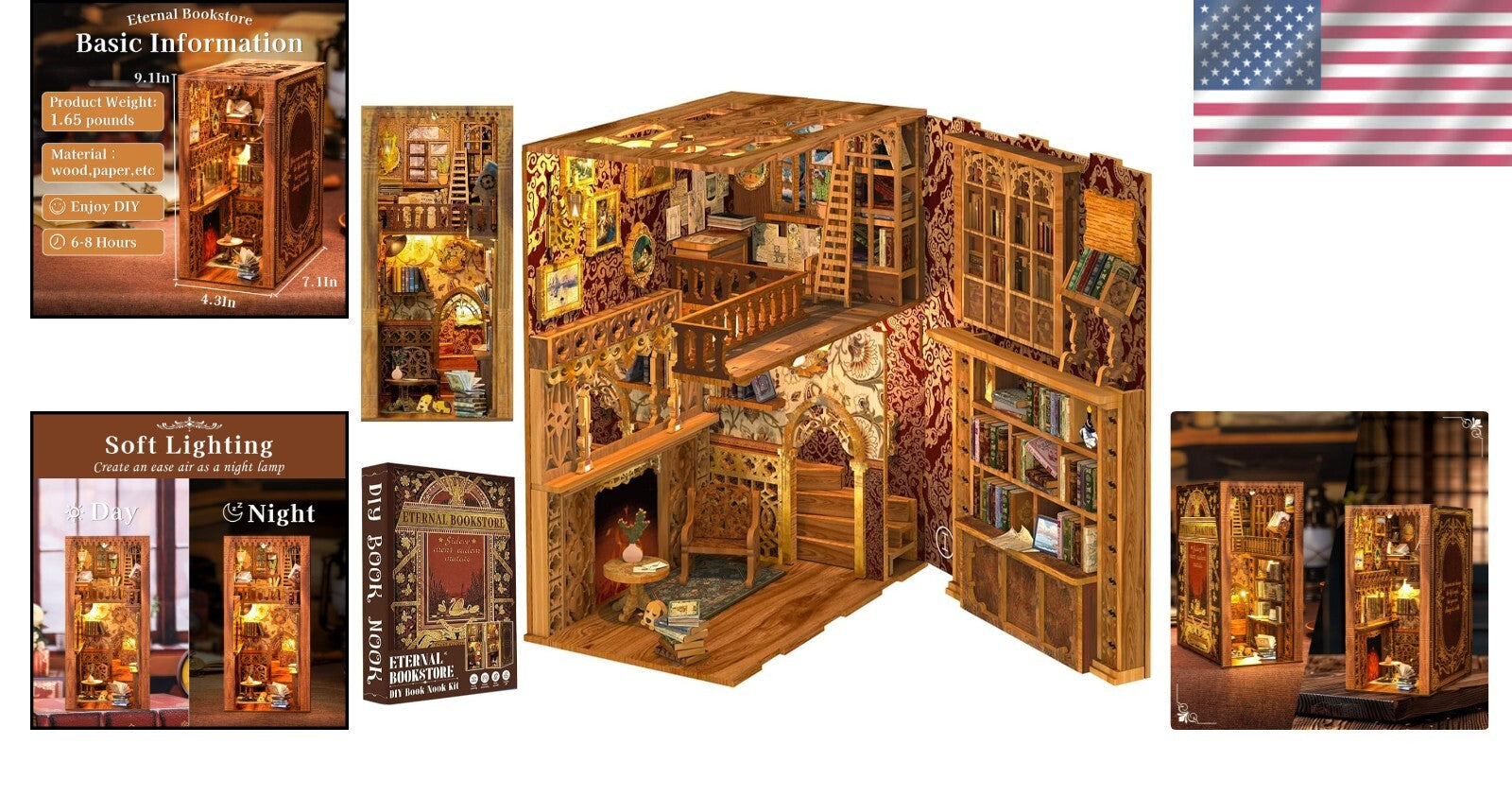 DIY Book Nook Kit with LED Lights - Wooden 3D Puzzle Bookends for Home Decor