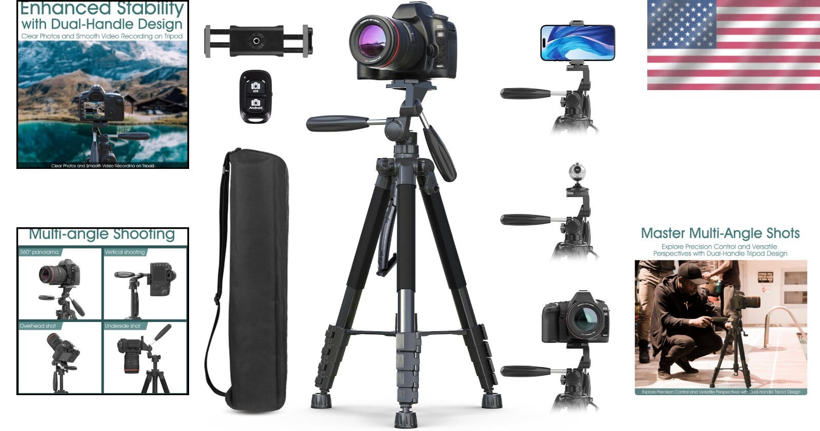Lightweight 74" Heavy-Duty Tripod with Dual Handles for Every Photography Need