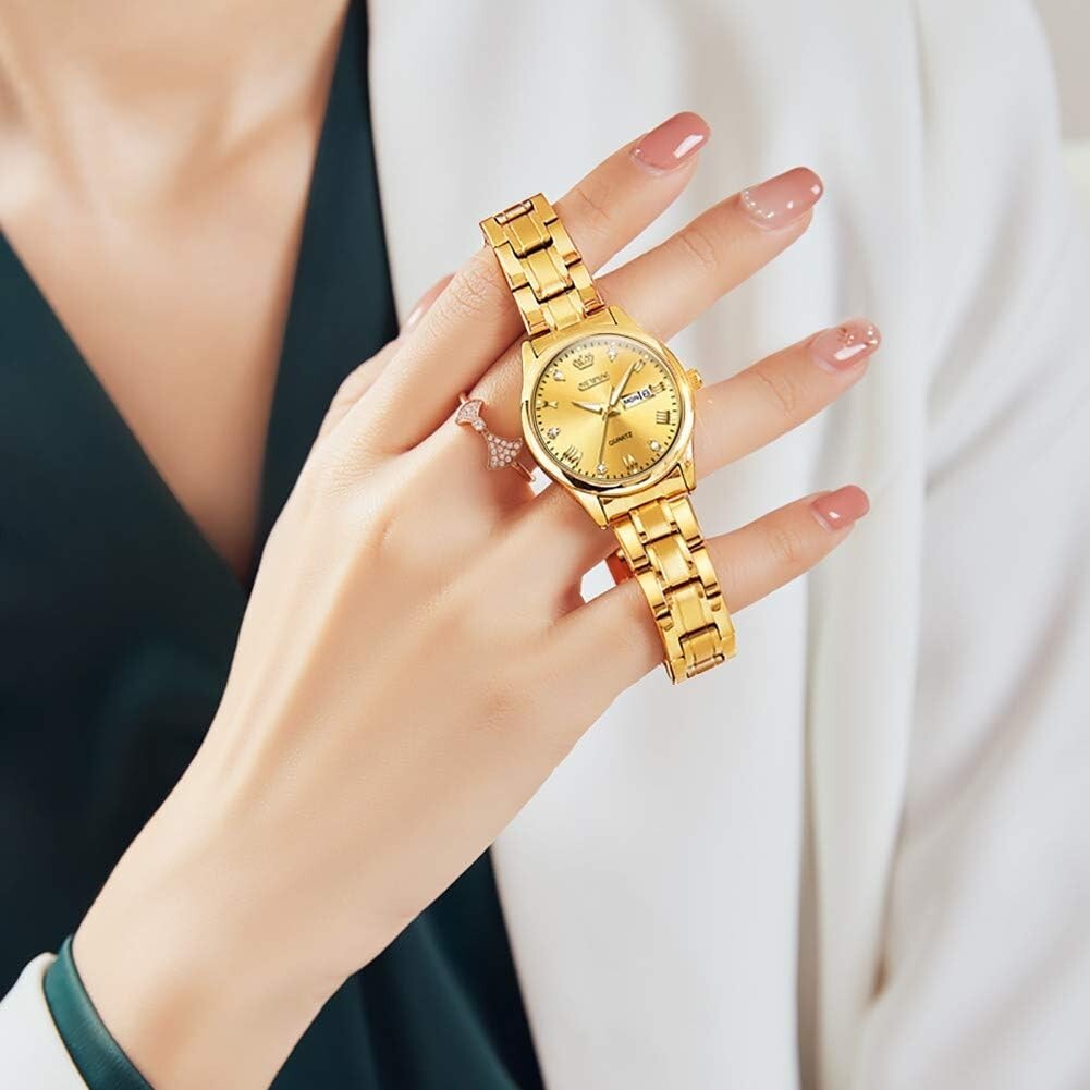 Luxury Analog Quartz Women's Watch with Roman Numerals and Unique Date Feature
