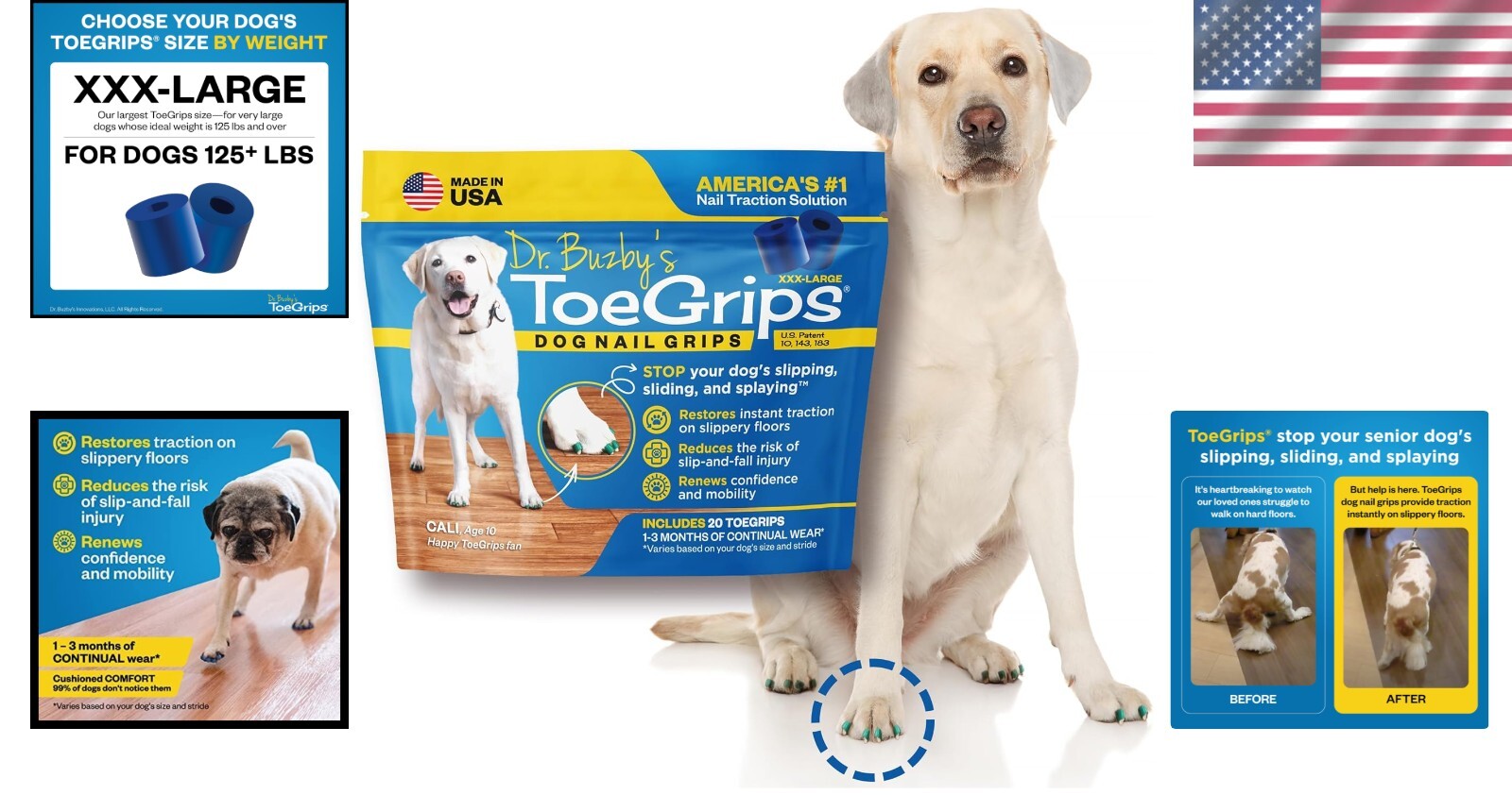 Instant Anti-Slip Grips for Senior Dogs - XXXLarge, 20 Durable Rubber Toe Covers