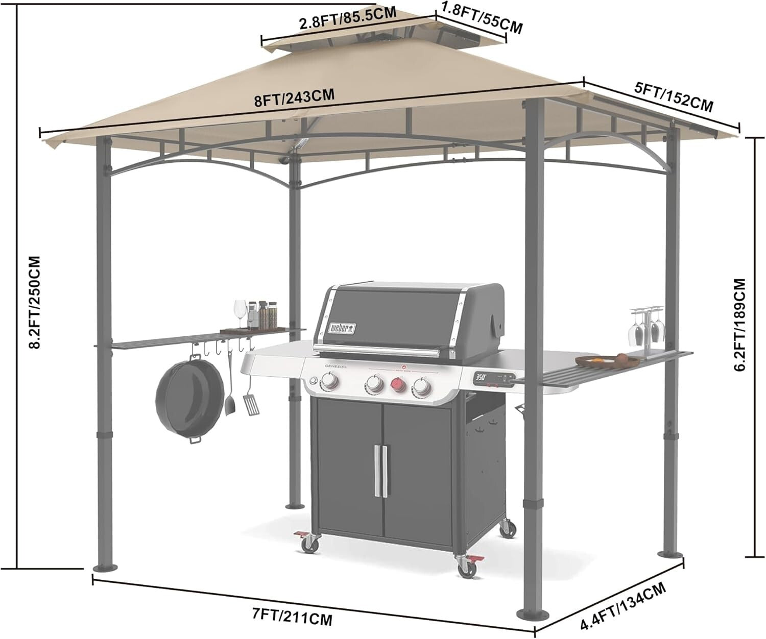 Elegant 8 x 5 Outdoor Canopy Grill Gazebo with Two Shelves and LED Lighting