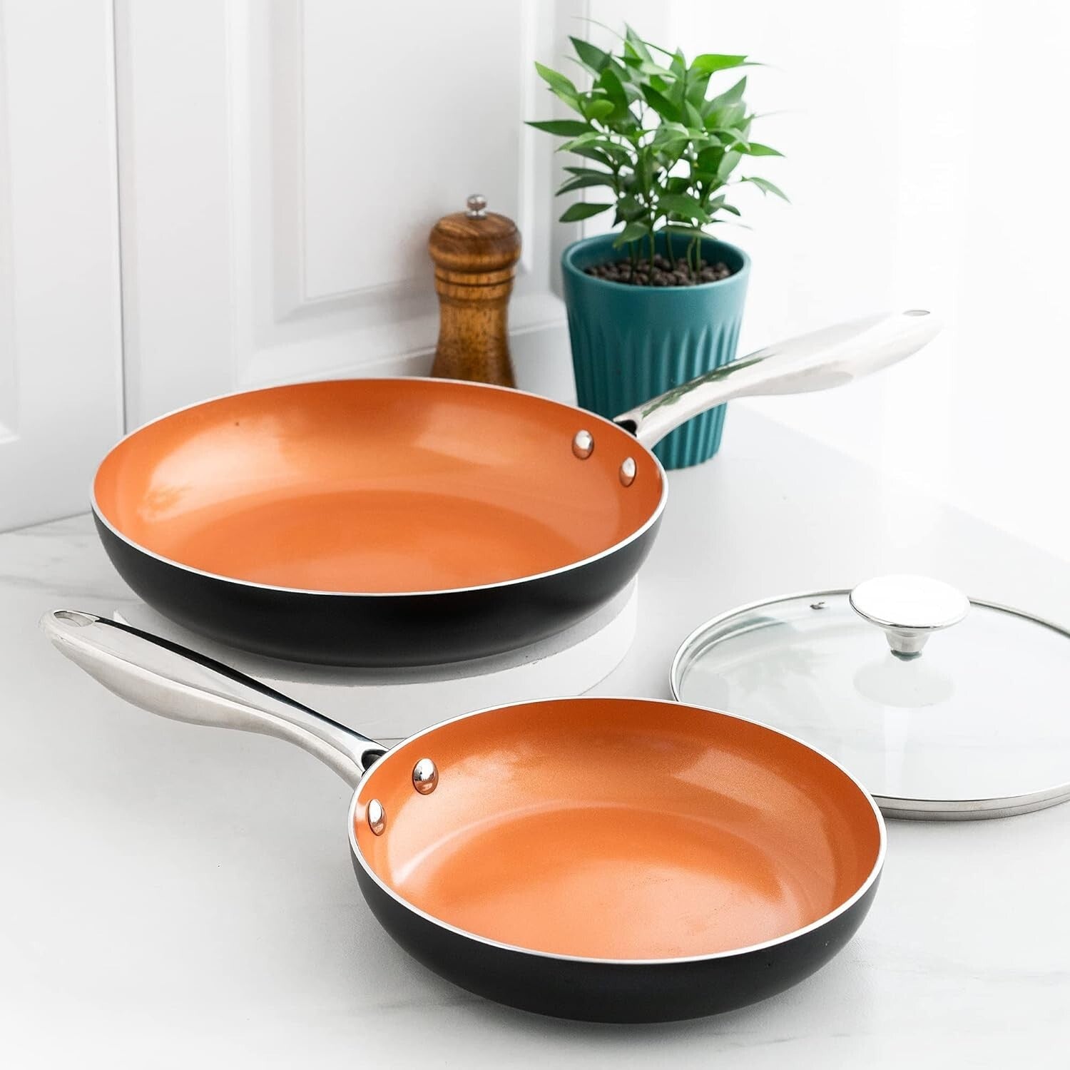 Ceramic Coated Copper Frying Pans Set (8" & 10") - Effortless Cooking Experience
