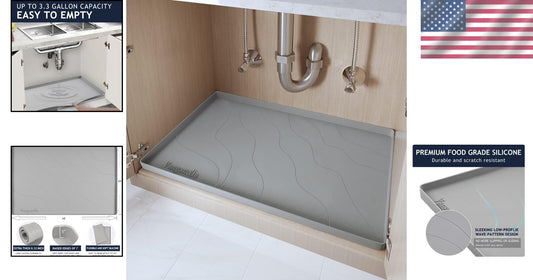 Extra Thick Non-Slip Silicone Under Sink Mat 34” x 22” - Grey Cabinet Protector