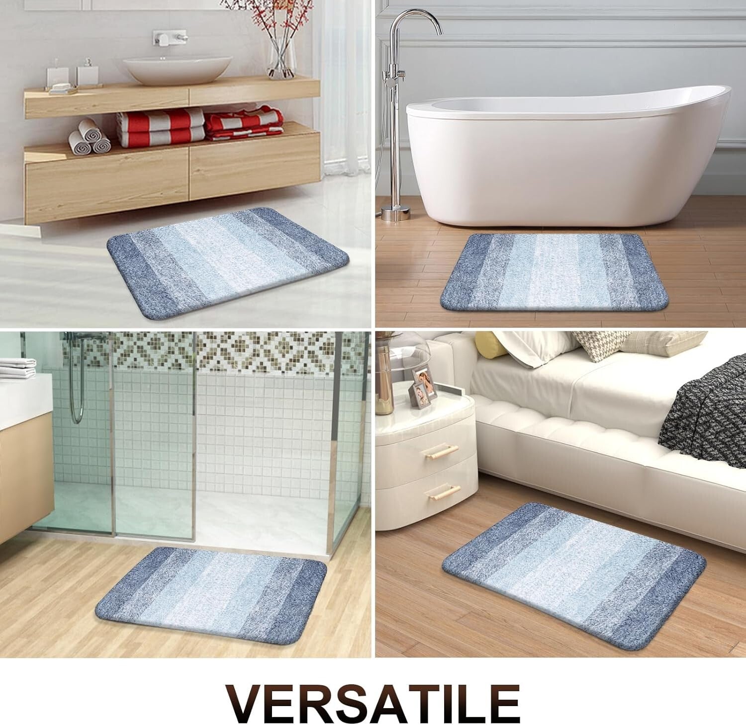 Soft Microfiber Bathroom Mat 59x20 with Rubber Backing - Elegant Blue Stripe