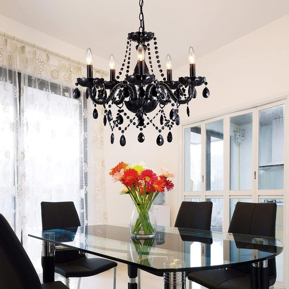 Adjustable Black Crystal Chandelier with 5 Dimmable Lights - 19" Ceiling Fixture