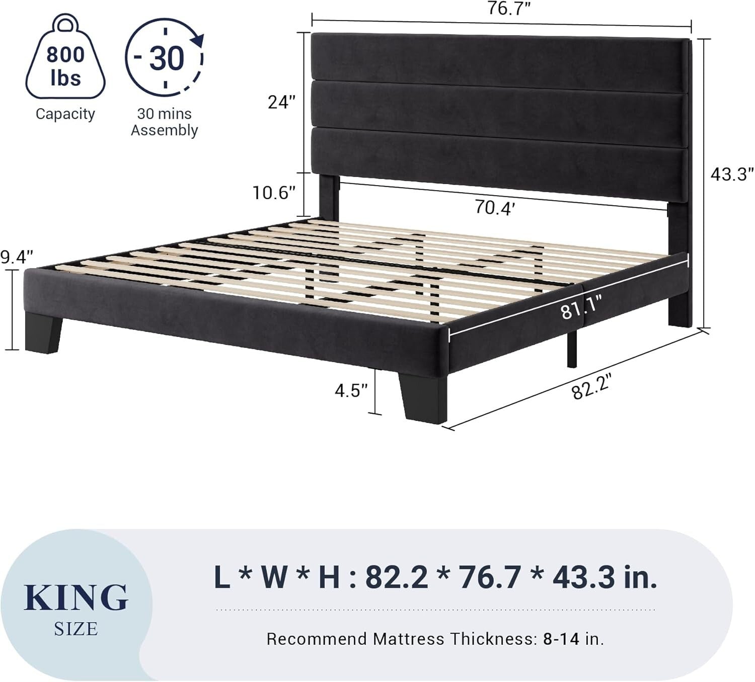 Luxury King Size Velvet Upholstered Platform Bed Frame - Easy Assembly | Black