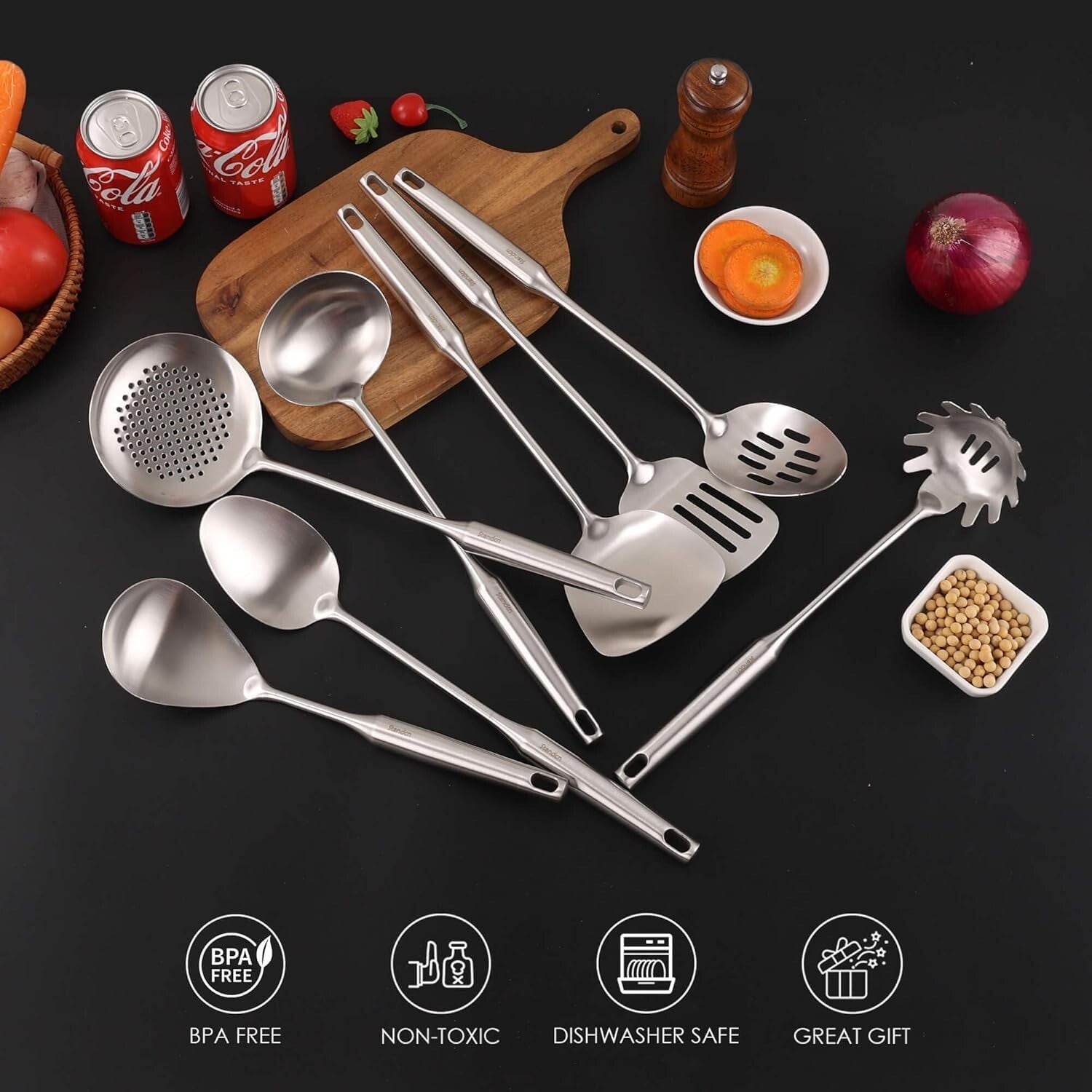 18/10 Stainless Steel Cooking Tools Set - Ergonomic 8-Piece with Heat Resistance