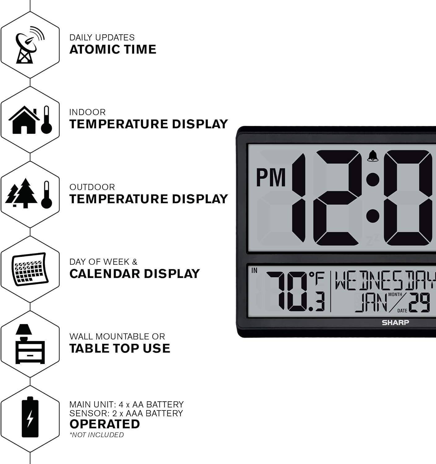 Wireless Outdoor Sensor & Easy-Read Atomic Clock - Battery Powered, 4" Display