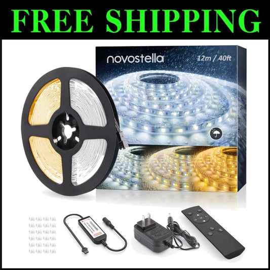 40ft Waterproof Dimmable Tunable White LED Strip Lights with RF Remote Control