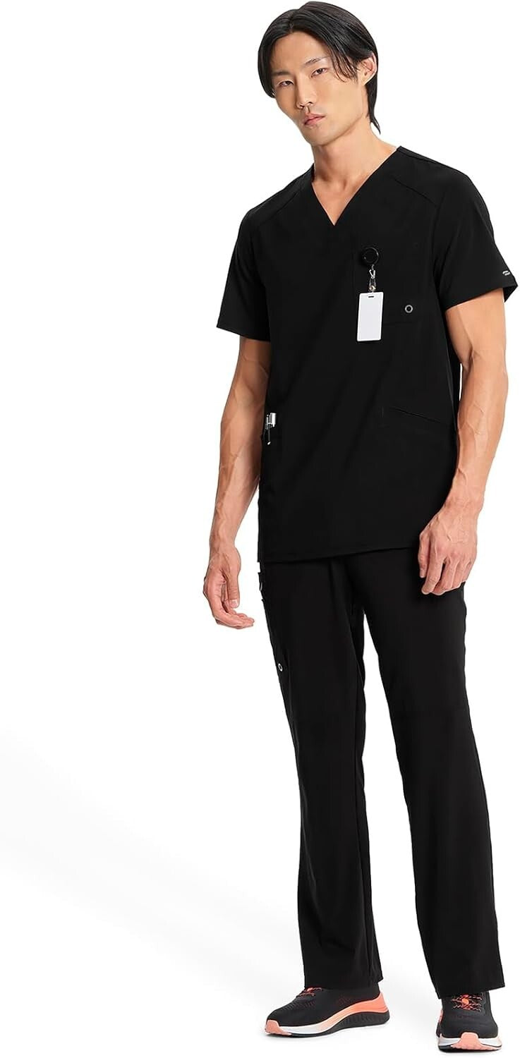 Stylish V-Neck Scrub Top for Men with Chest Pocket and Knit Back Panels