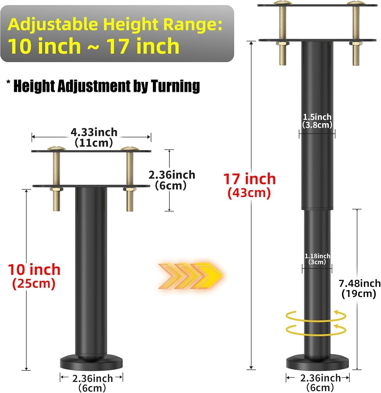 10-17 Inch Adjustable Center Support Bed Legs - Heavy Duty Stability Set of 4
