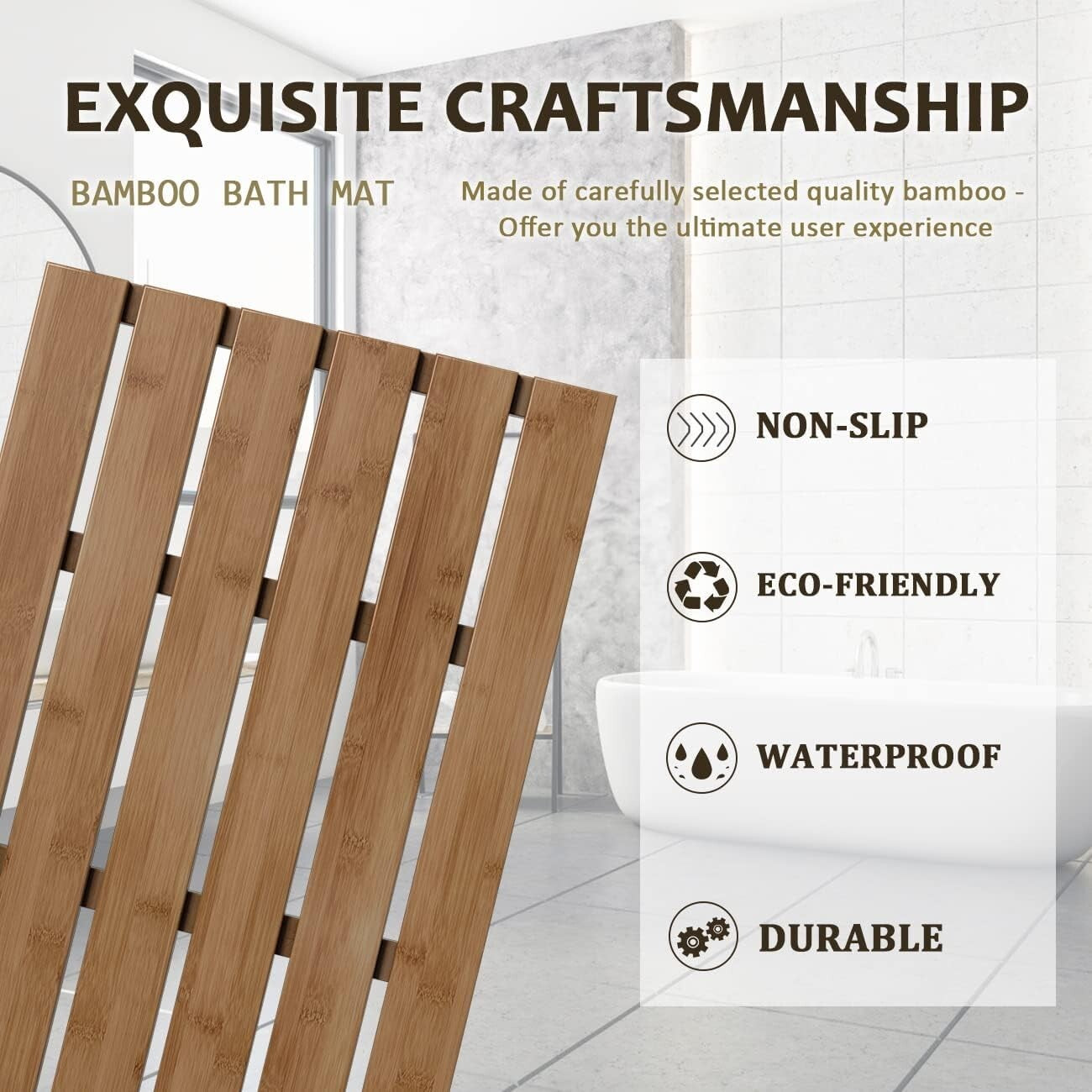 Eco-Friendly Walnut Bamboo Bath Mat - Non-Slip Waterproof for Showers & Beach