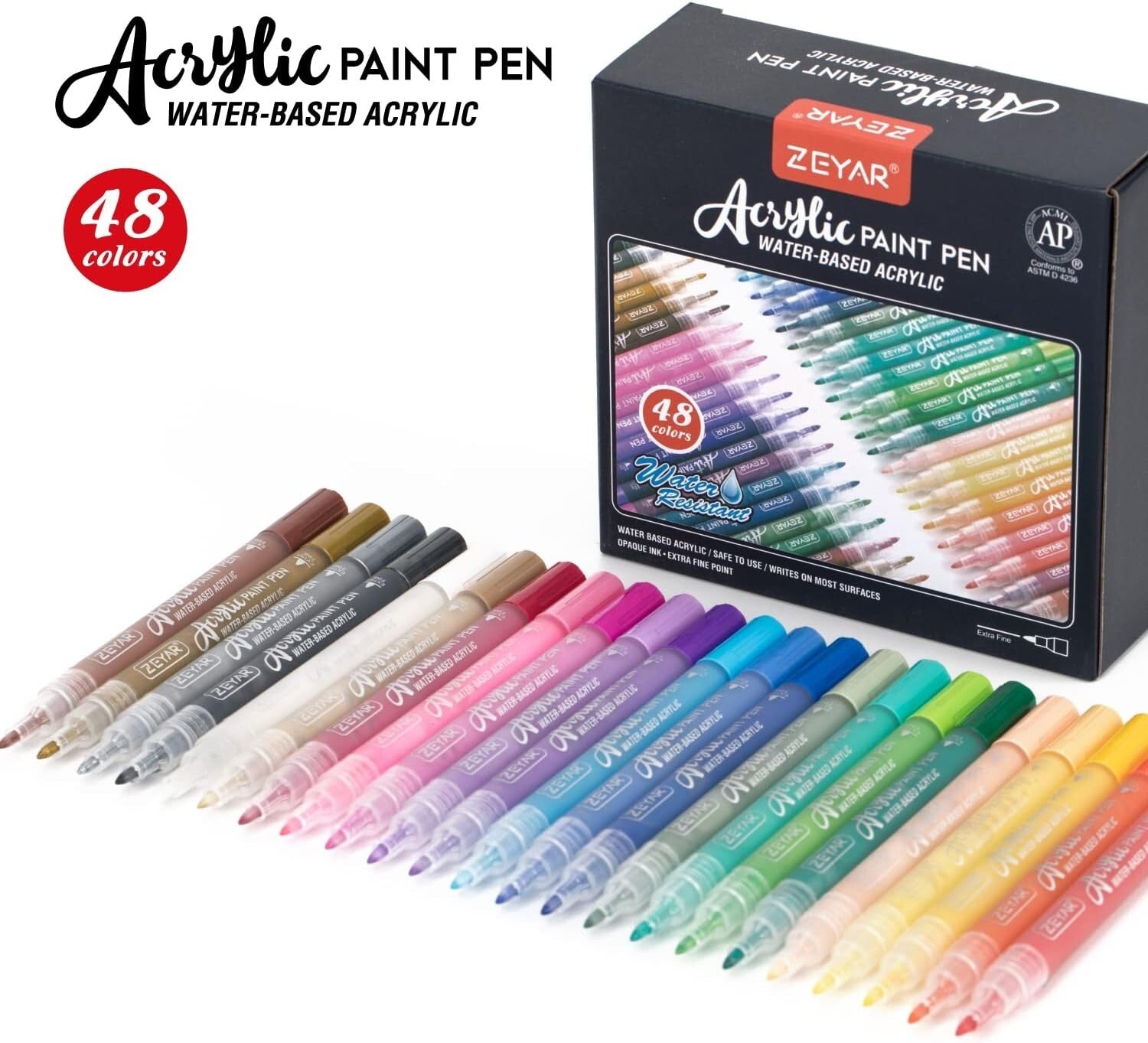 Permanent & Waterproof Acrylic Paint Pens Set - 48 Rich Colors for All Surfaces