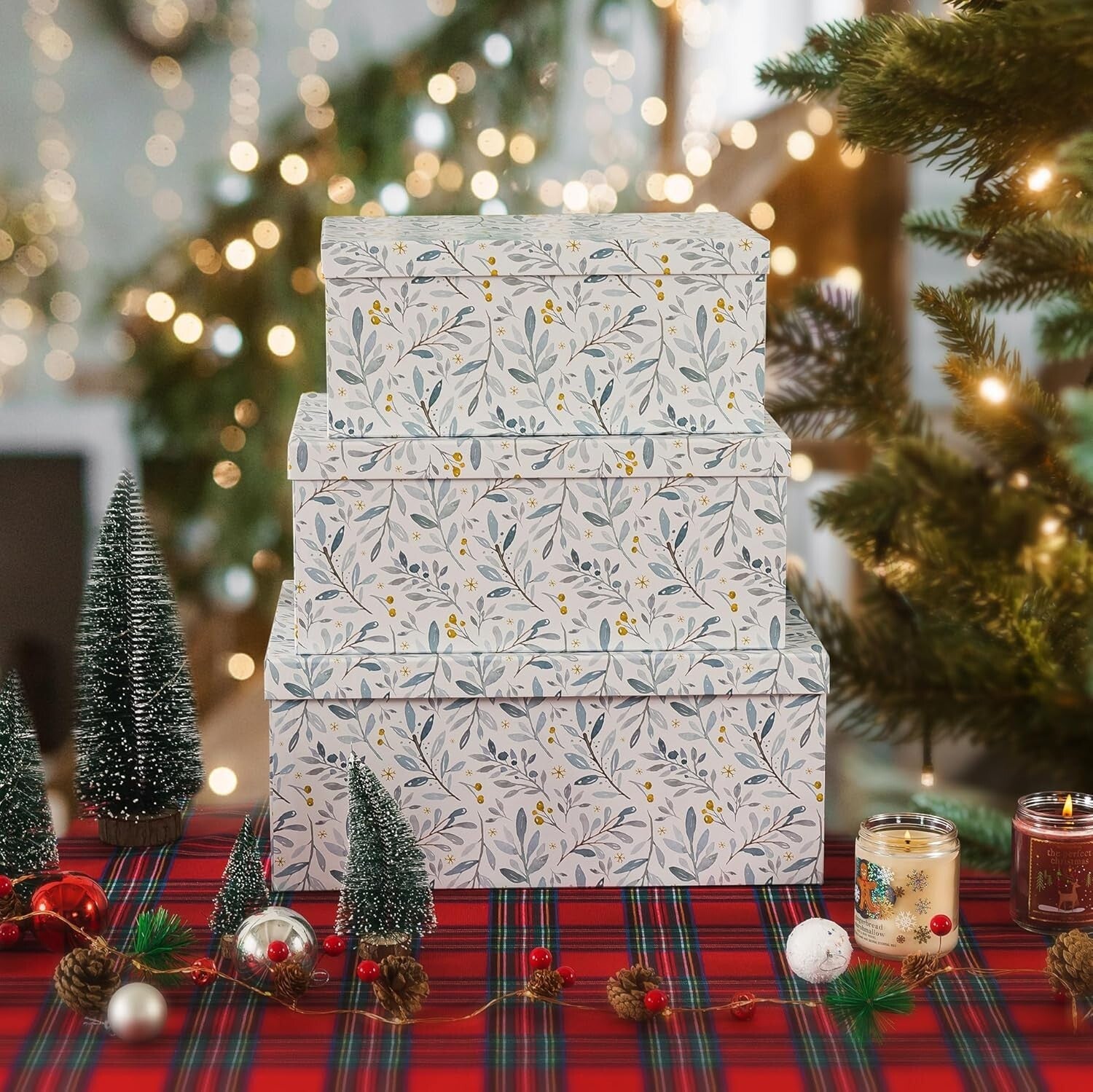 Elegant Winter Blossom Decorative Storage Box Set - 3 Nesting Keepsake Boxes