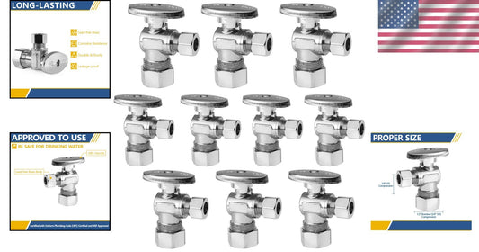10 Pack 1/4 Turn Angle Stop Valves - Corrosion-Resistant Brass Plumbing Solution