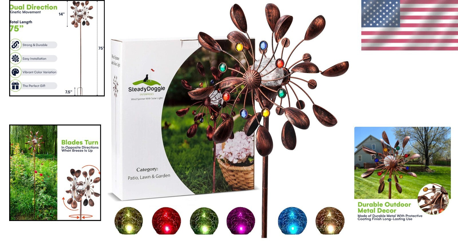 Bronze Solar Wind Spinner - 75-Inch Kinetic Sculpture with Color-Changing LED