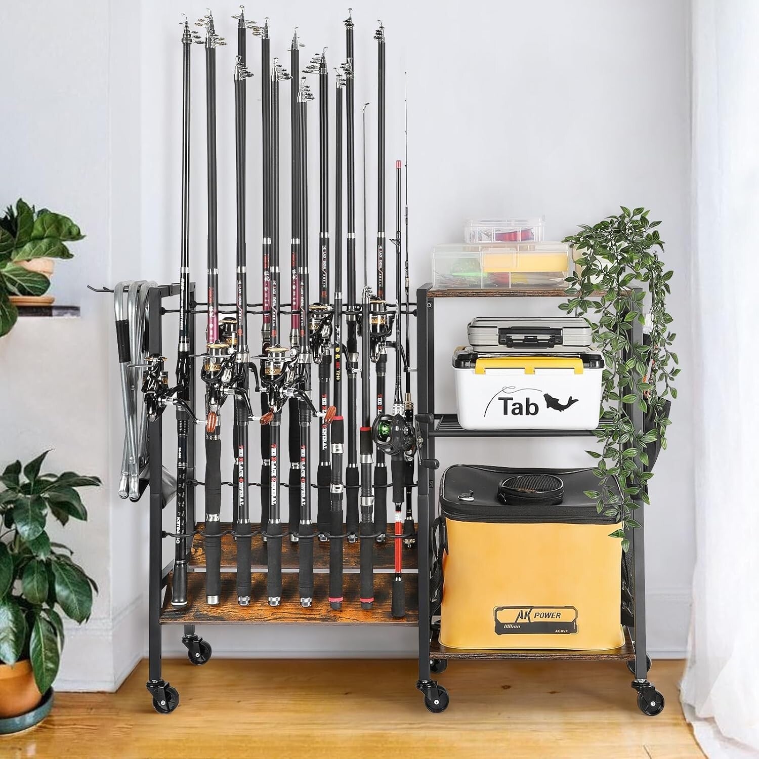 Professional Fishing Gear Storage on Wheels - 16 Rod Holder with Rubber Support