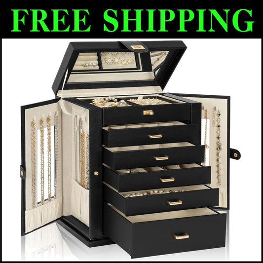 Elegant 360° Rotating Jewelry Box - 6-Tier Organizer with Large Mirror