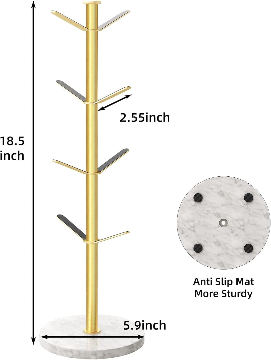 Elegant Gold Mug Holder Tree with Marble Base - 8 Hooks for Stylish Kitchens