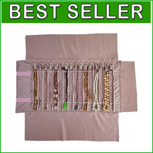 Load image into Gallery viewer, Elegant Portable Jewelry Roll in Embroidery Pink Velvet - 16 Holder Capacity