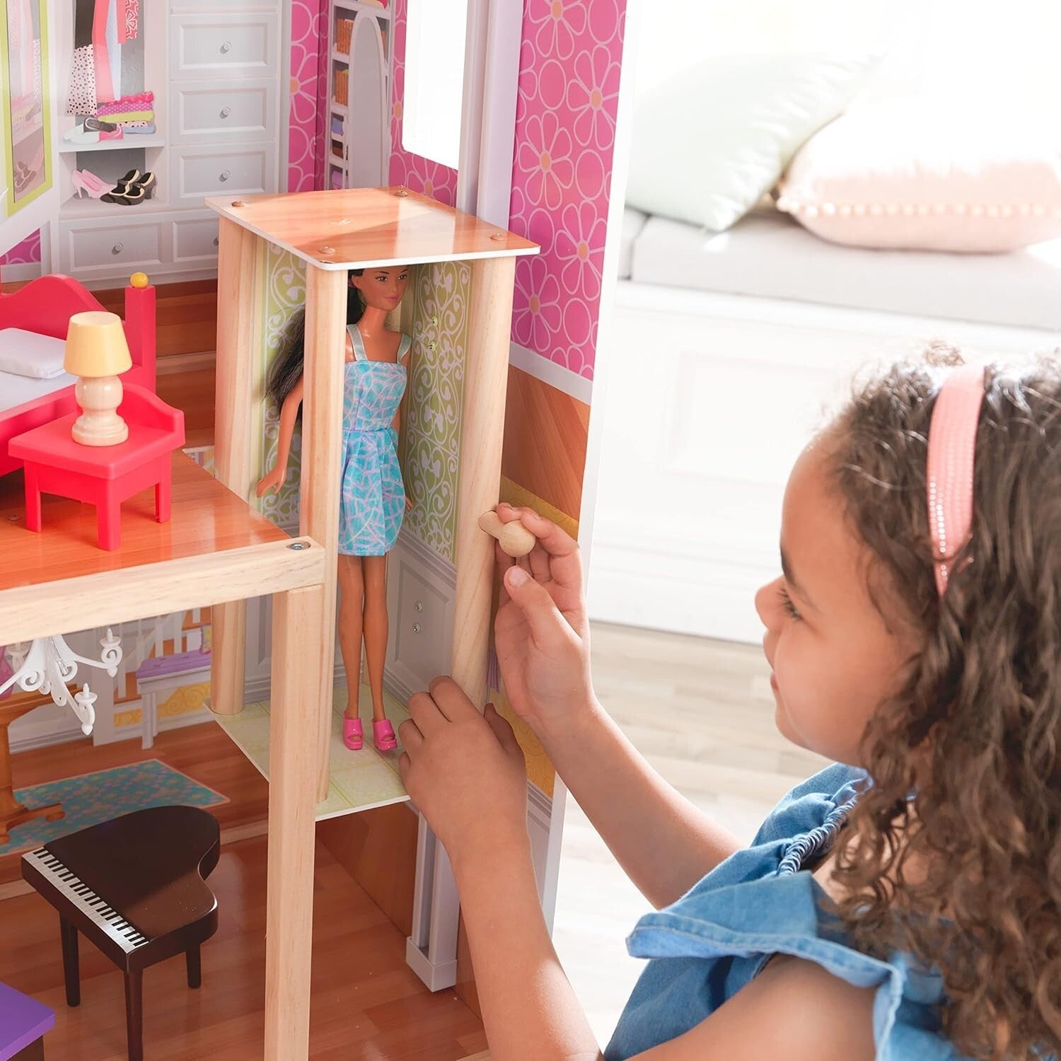 Majestic Wooden Dollhouse with Working Elevator & Fully Furnished, Ages 3+