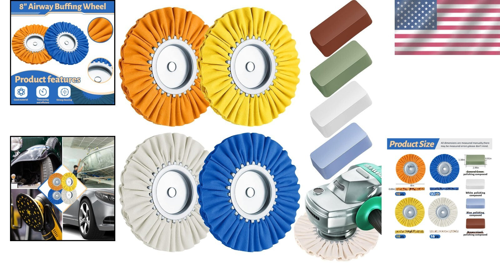 8-Piece Airway Buffing Wheel Kit for Angle Grinders - 8" Polishing Efficiency