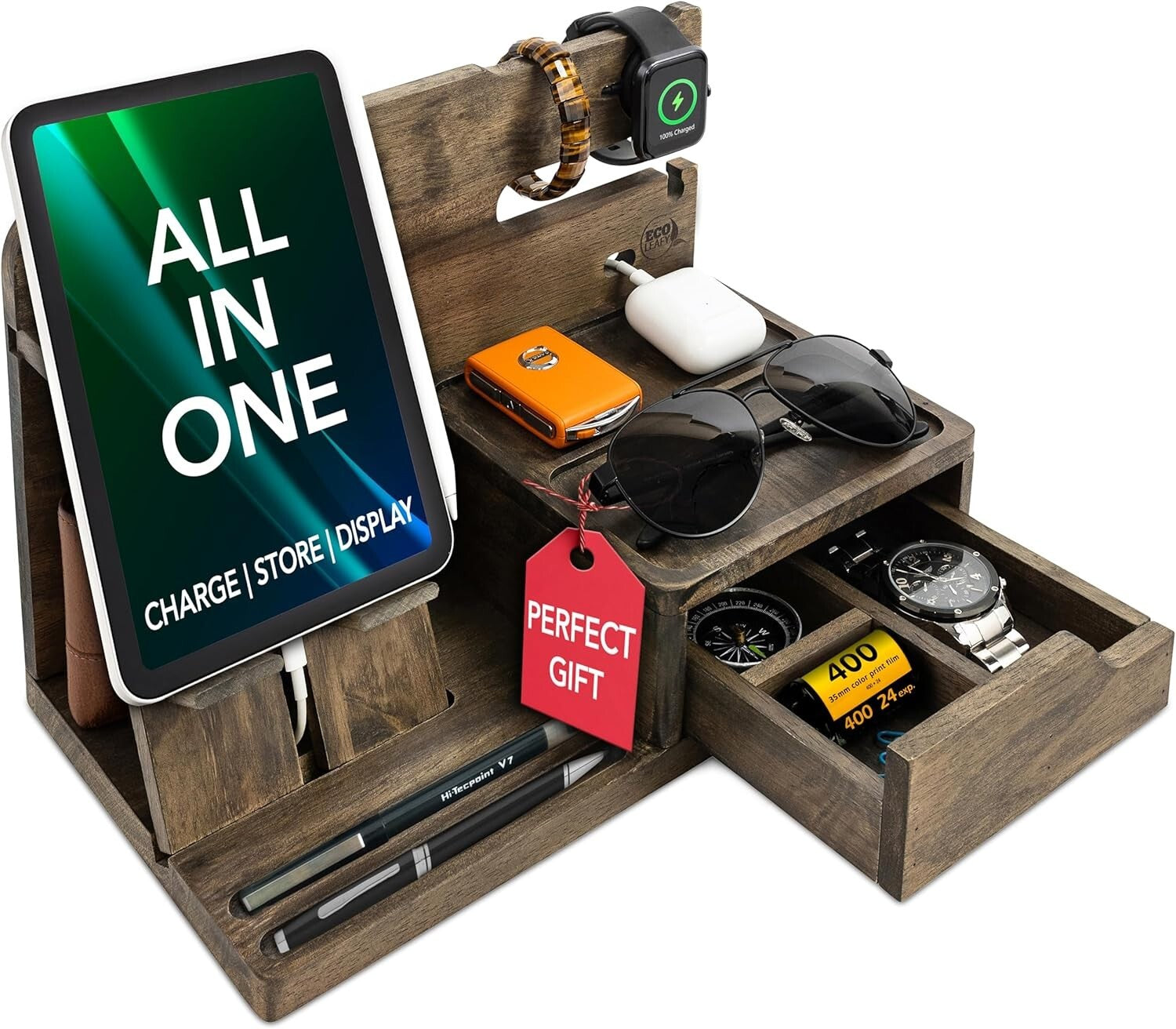 Elegant Rustic Gray Nightstand Organizer - Functional Dock for Phone & Wallet