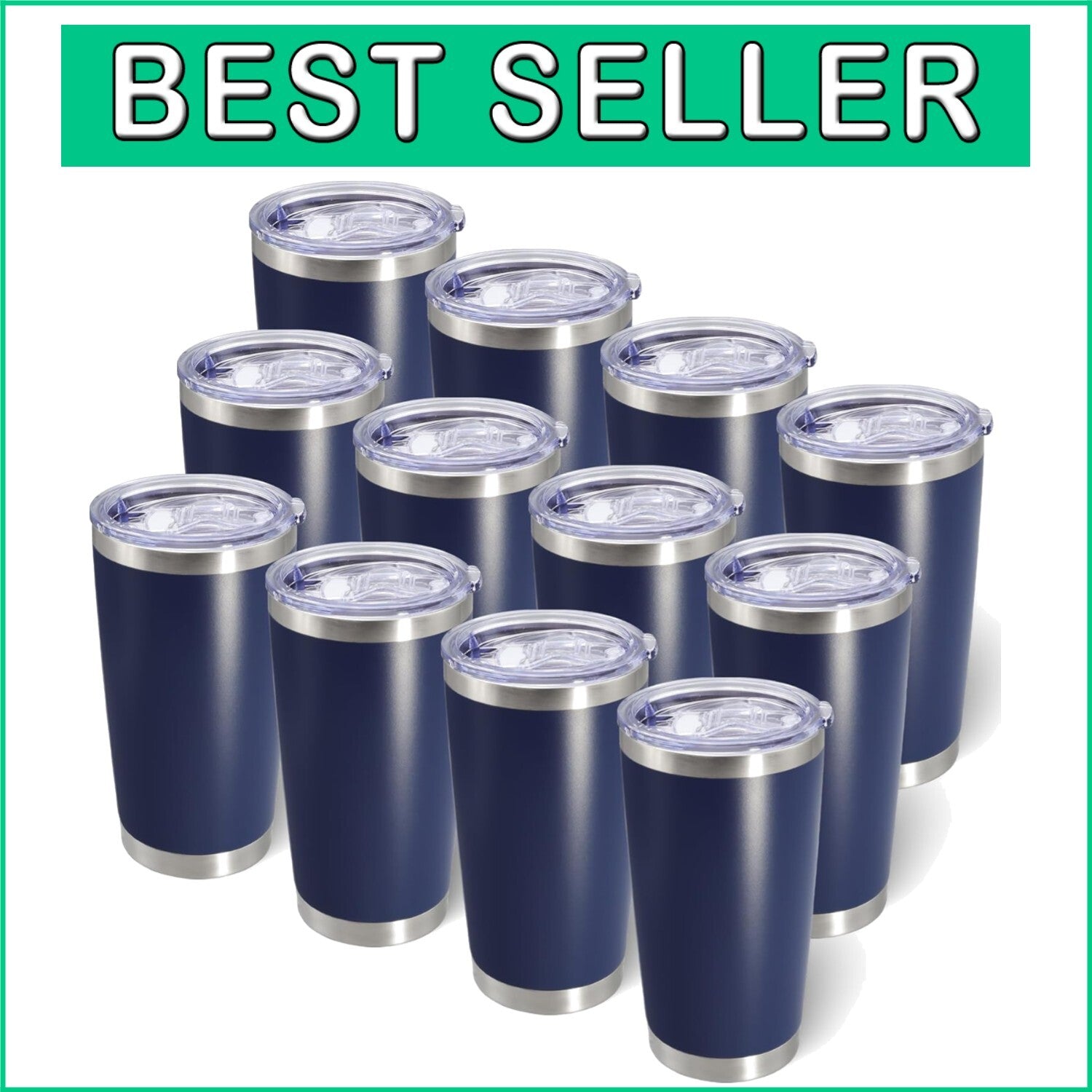 12 Pack Navy Blue Stainless Steel Tumblers with Lid - 20oz Insulated Travel Mugs