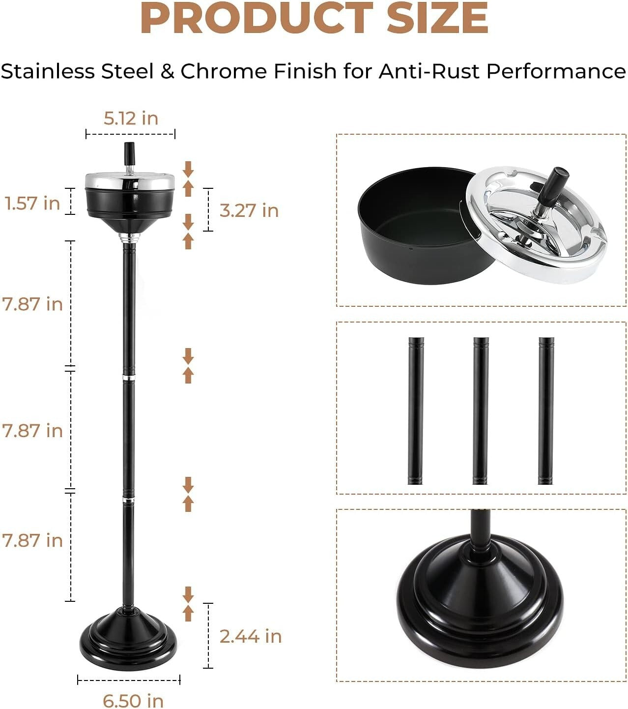 Adjustable Height Stainless Steel Self-Cleaning Ashtray for Indoor/Outdoor Use