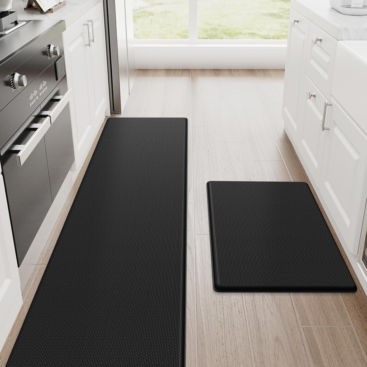Black Non-Slip Anti-Fatigue Kitchen Mats Set - 17.3"x30" & 17.3"x70" for Comfort