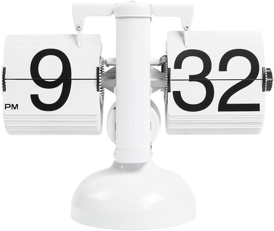 Elegant Flip Desk Clock in White - Battery Powered, Retro Design & AM/PM Display