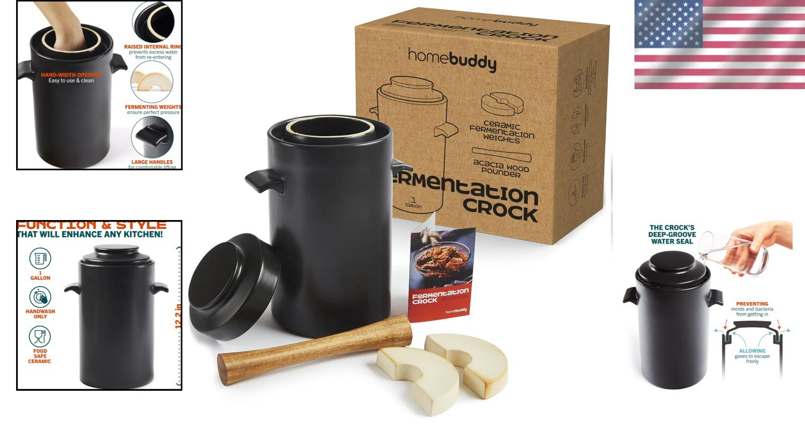 Versatile 1 Gallon Sauerkraut and Kimchi Jar with Acacia Pounder & Recipe Guide