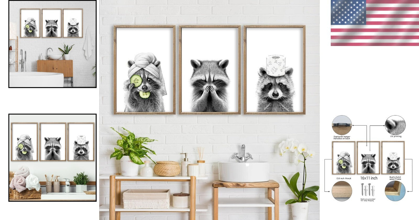 Rustic Farmhouse Raccoon Wall Art Set of 3 - Perfect for Modern Bathrooms