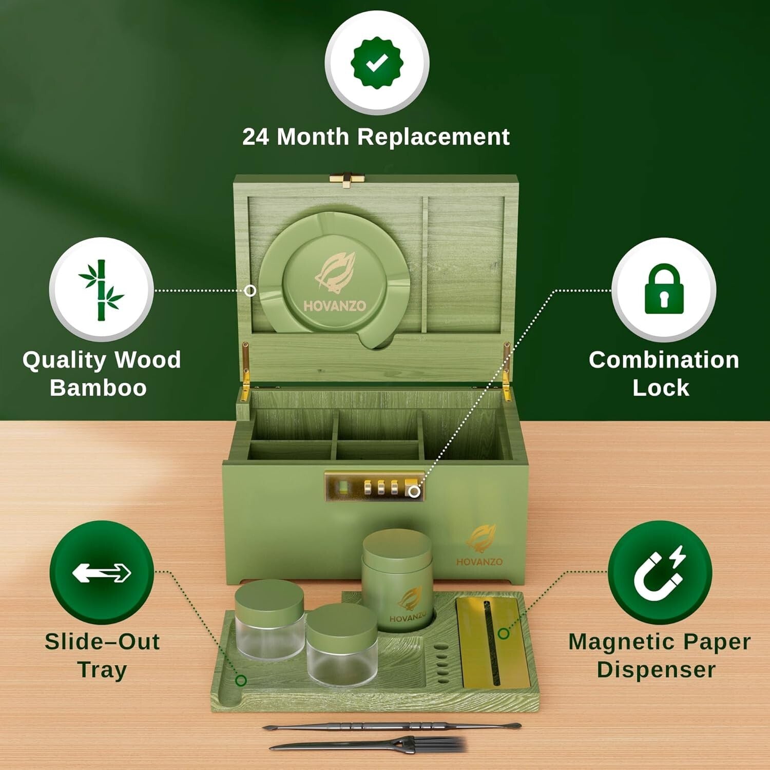 5-Compartment Locking Bamboo Box - Reinforced Storage with Customizable Tray