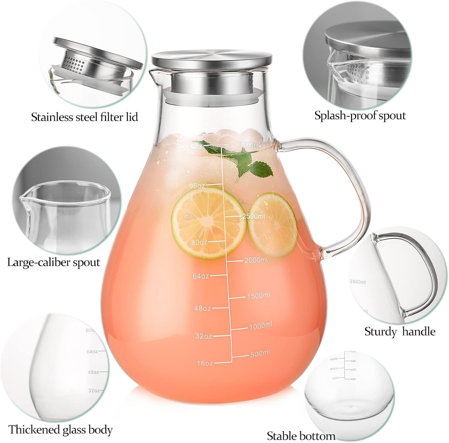 Stovetop-Safe 105.6oz Borosilicate Glass Pitcher with Hygienic Lid & Handle