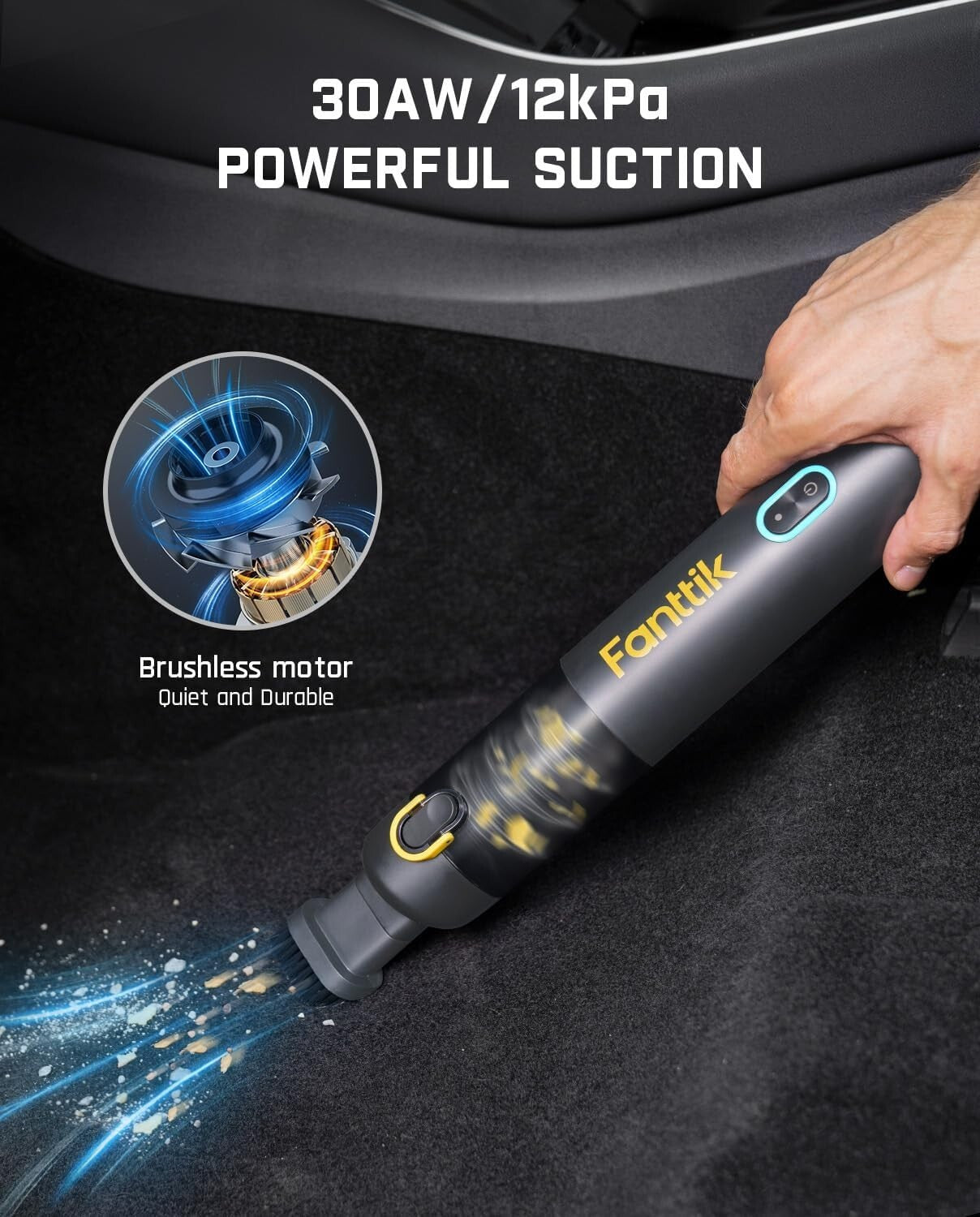 Lightweight Handheld Car Vacuum 12000Pa: USB-C Charge & Pet Brush Included