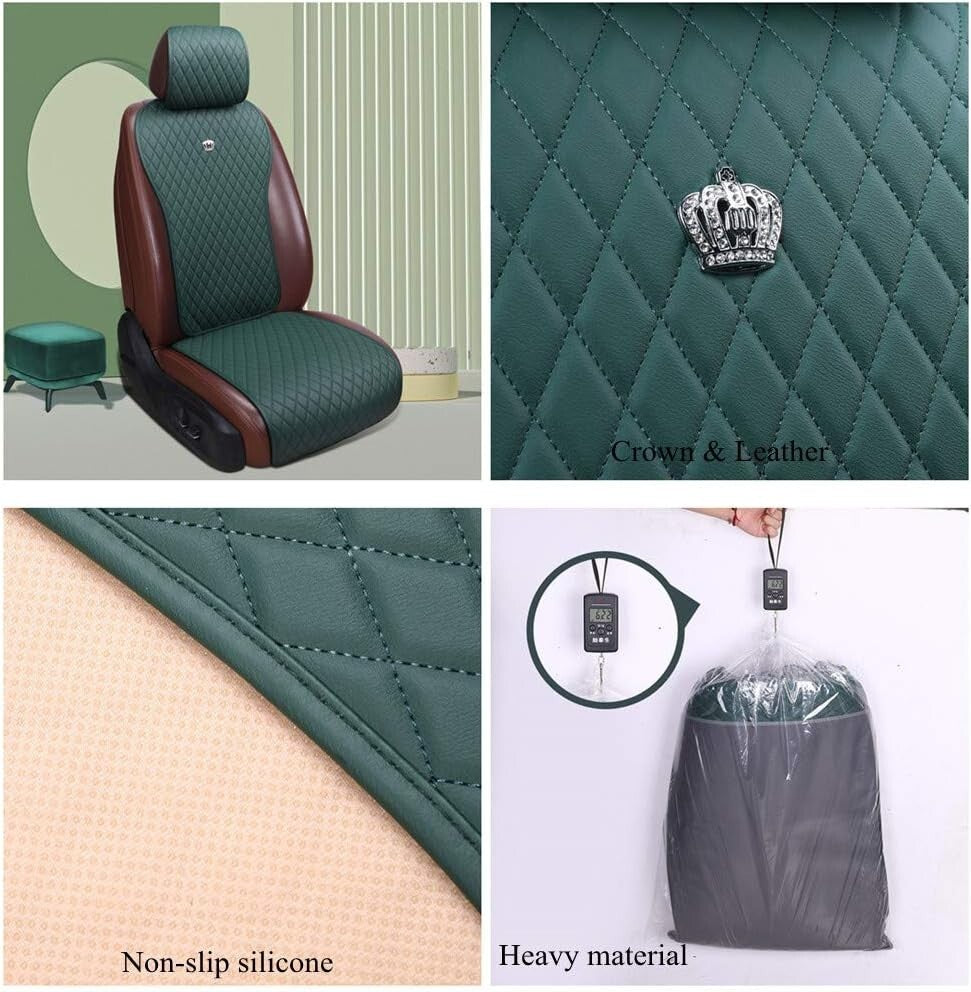 Durable 11-Piece Leather Car Seat Covers with Crown Design - A-Army Green