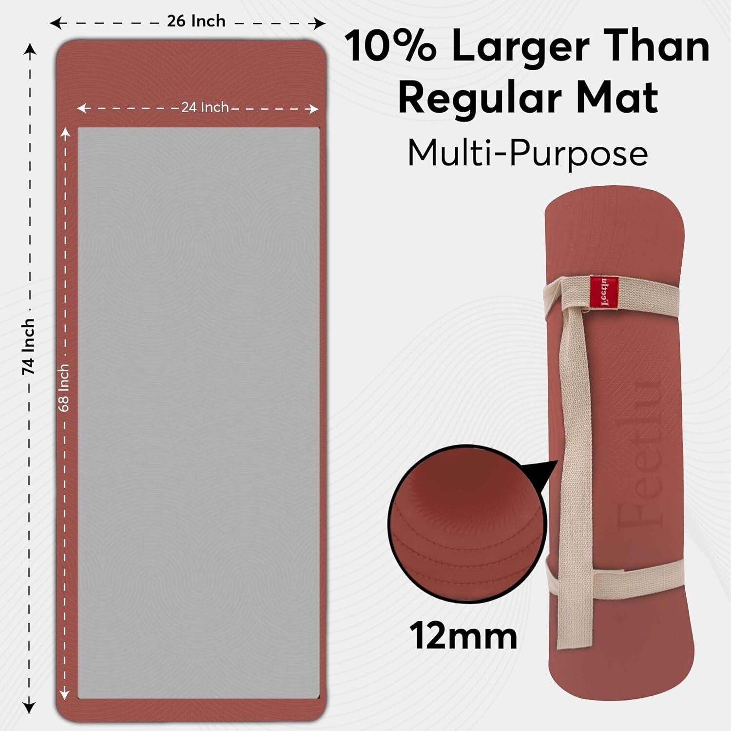 Cushioned 12mm Non-Slip Exercise Mat for Yoga & Pilates – Includes Carry Strap