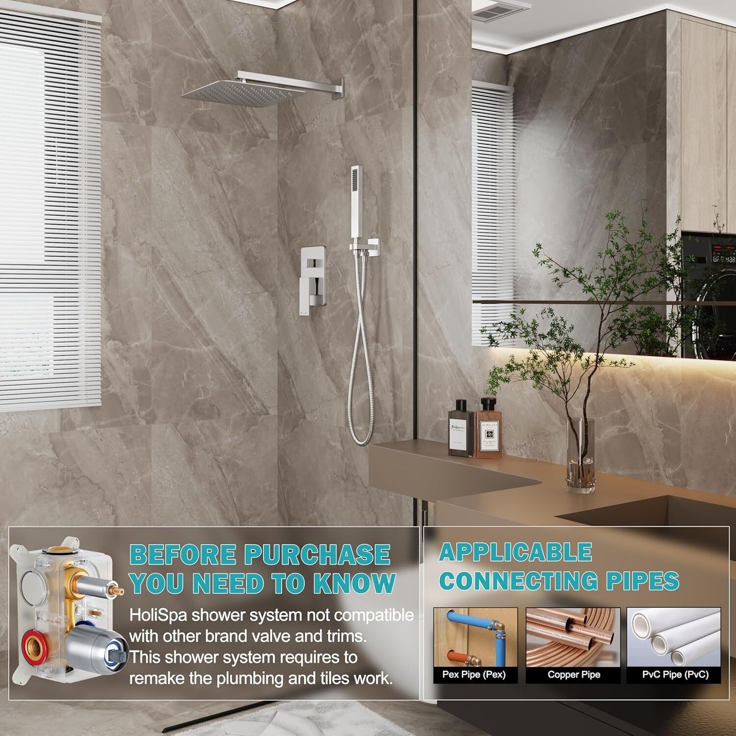 Luxury Brushed Nickel Shower System: 12-Inch Rain Shower Head & Handheld Spray